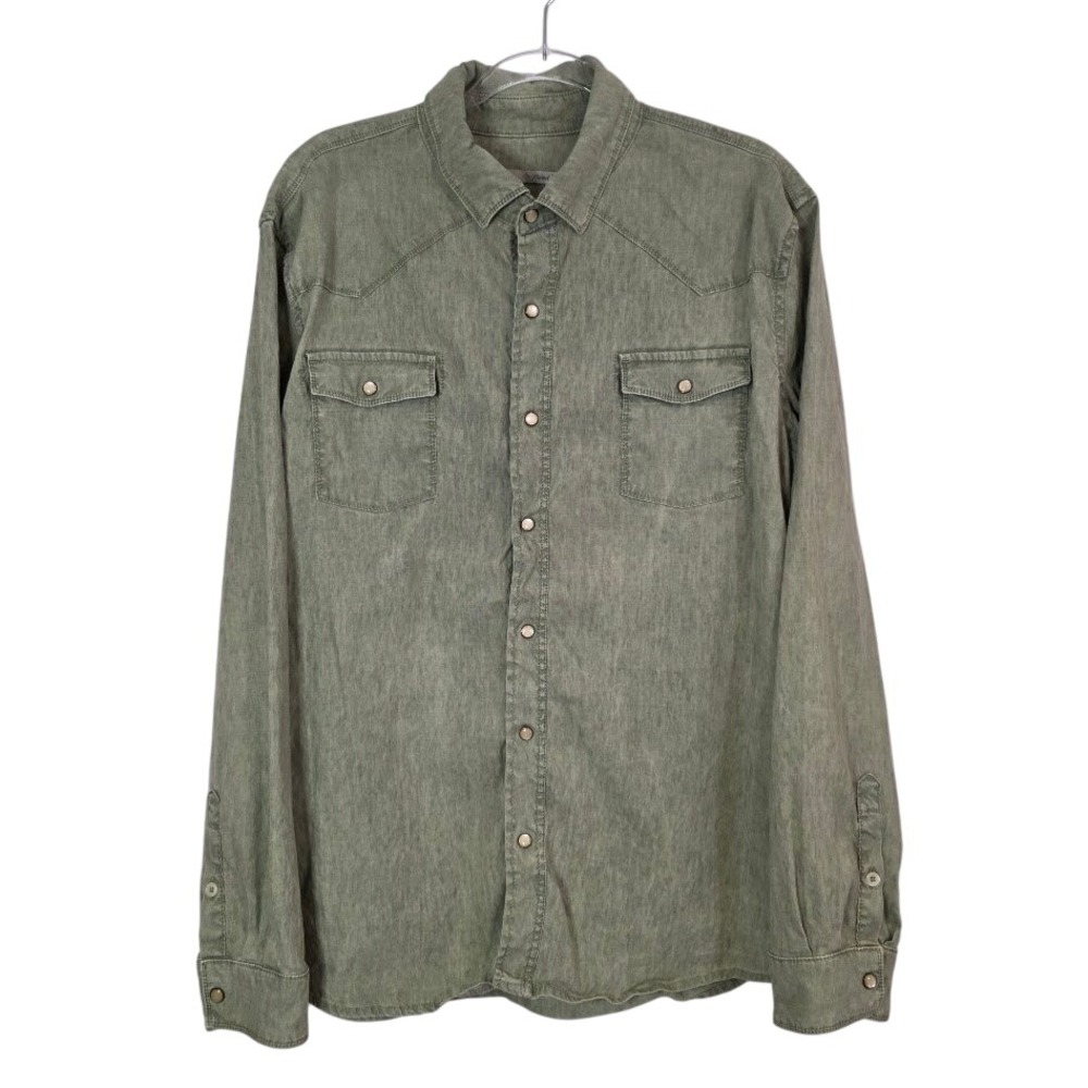 Teleria Zed Men's XXL Roper Western Shirt Green Linen Lyocell Pearl‎ Snap Italy